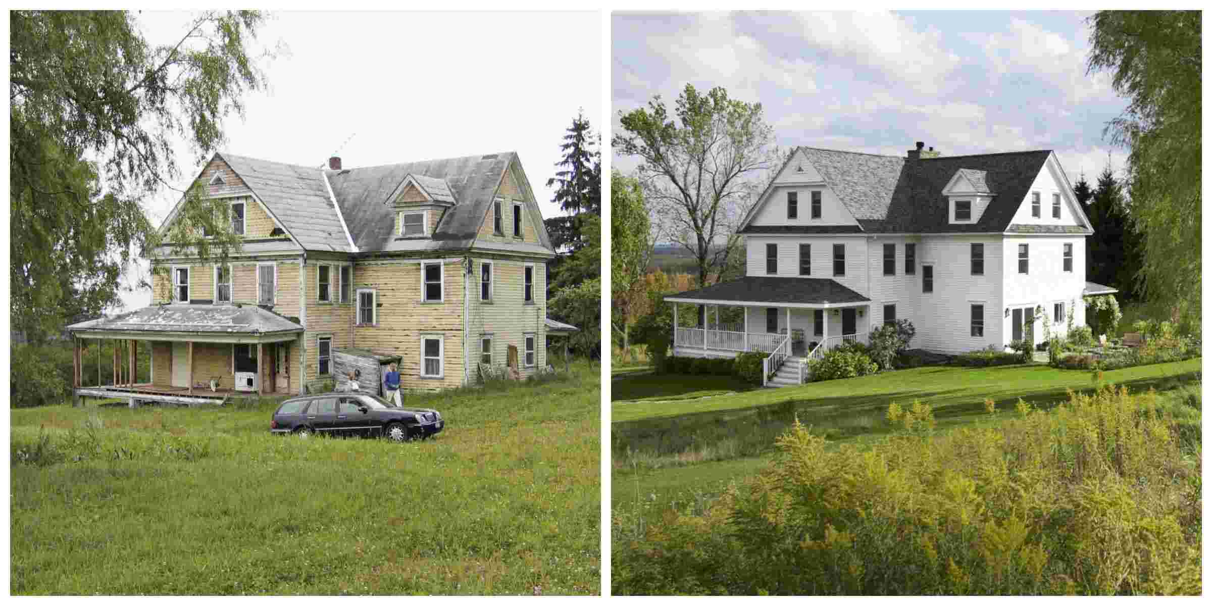 Before and after photos of new siding and paint on an old house.